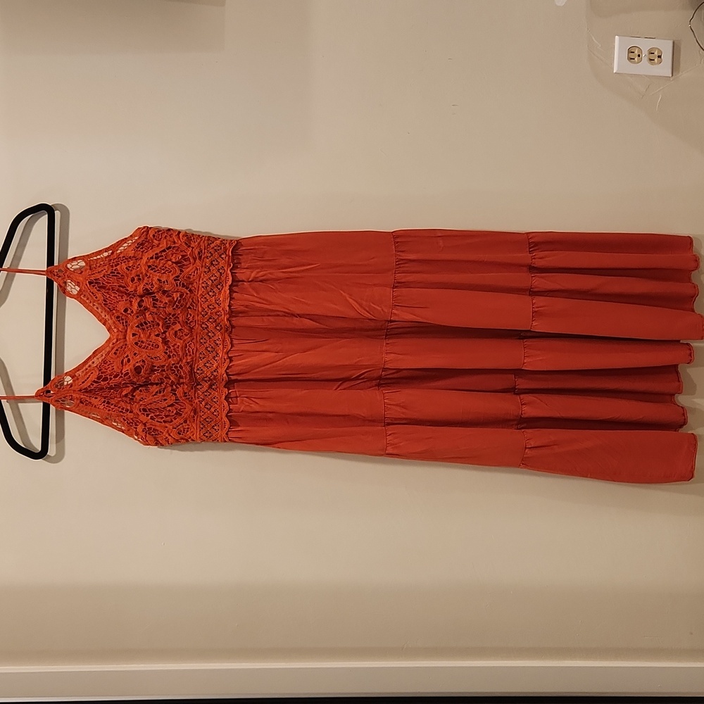Dokuutu Orange Terracota Lace Spaguetti Straps Midi Dress Size L